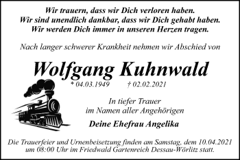 Traueranzeige von Wolfgang Kuhnwald von Mitteldeutsche Zeitung Dessau-Roßlau