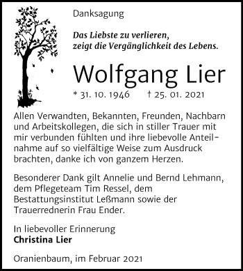 Traueranzeige von Wolfgang Lier von Super Sonntag Wittenberg