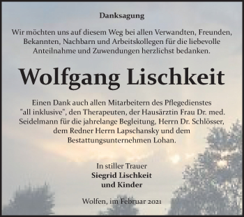 Traueranzeige von Wolfgang Lischkeit von Mitteldeutsche Zeitung Bitterfeld