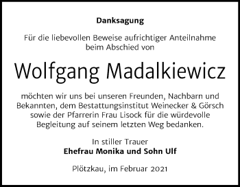 Traueranzeige von Wolfgang Madalkiewicz von Mitteldeutsche Zeitung Bernburg