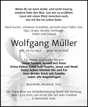 Traueranzeige von Wolfgang Müller von Mitteldeutsche Zeitung Mansfelder Land