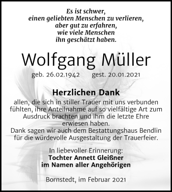 Traueranzeige von Wolfgang Müller von Super Sonntag Mansfelder Land