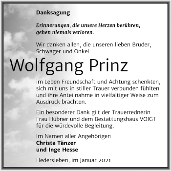 Traueranzeige von Wolfgang Prinz von Mitteldeutsche Zeitung Mansfelder Land