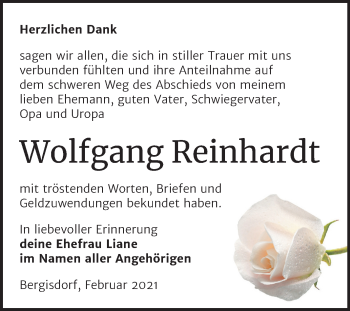 Traueranzeige von Wolfgang Reinhardt von Super Sonntag Zeitz