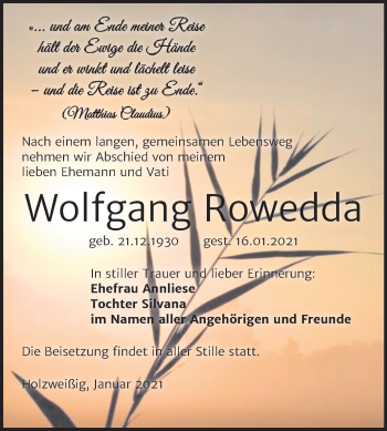Traueranzeige von Wolfgang Rowedda von Mitteldeutsche Zeitung Bitterfeld