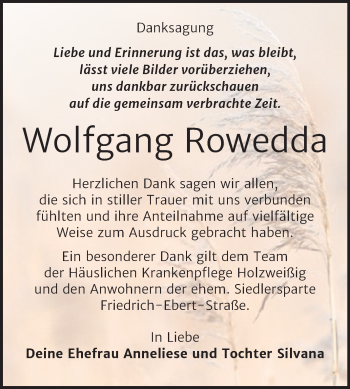 Traueranzeige von Wolfgang Rowedda von Mitteldeutsche Zeitung Bitterfeld