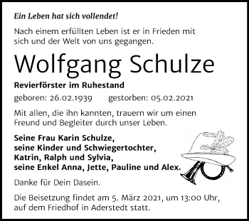 Traueranzeige von Wolfgang Schulze von Mitteldeutsche Zeitung Bernburg