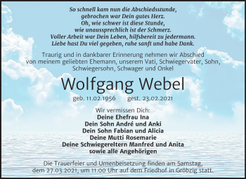 Traueranzeige von Wolfgang Webel von Mitteldeutsche Zeitung Köthen