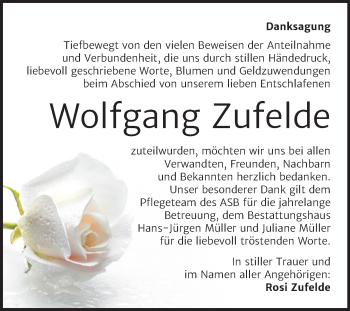 Traueranzeige von Wolfgang Zufelde von Super Sonntag Aschersleben
