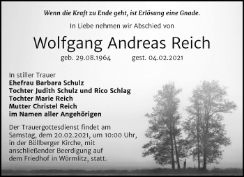 Traueranzeige von Wolfgang Andreas Reich von Mitteldeutsche Zeitung Halle/Saalkreis