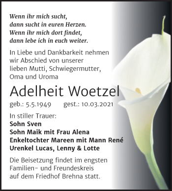 Traueranzeige von Adelheit Woetzel von Mitteldeutsche Zeitung Bitterfeld