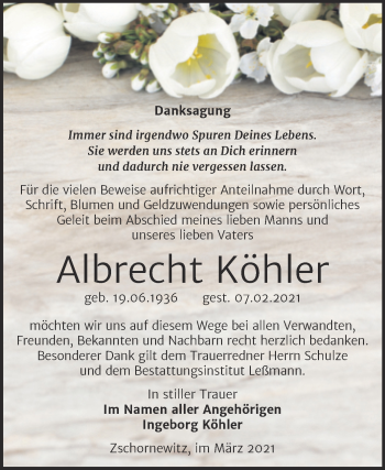 Traueranzeige von Albrecht Köhler von Mitteldeutsche Zeitung Wittenberg