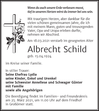 Traueranzeige von Albrecht Schild von Mitteldeutsche Zeitung Mansfelder Land