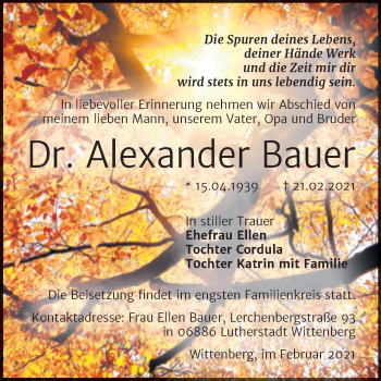 Traueranzeige von Alexander Bauer von Mitteldeutsche Zeitung Wittenberg
