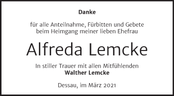 Traueranzeige von Alfreda Lemcke von Mitteldeutsche Zeitung Dessau-Roßlau