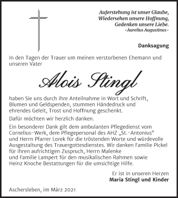 Traueranzeige von Alois Stingl von Mitteldeutsche Zeitung Aschersleben