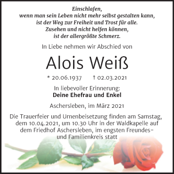 Traueranzeige von Alois Weiß von Mitteldeutsche Zeitung Aschersleben
