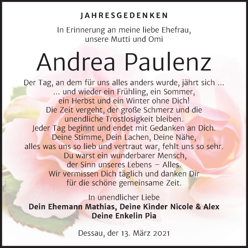  Traueranzeige für Andrea Paulenz vom 13.03.2021 aus Mitteldeutsche Zeitung Dessau-Roßlau