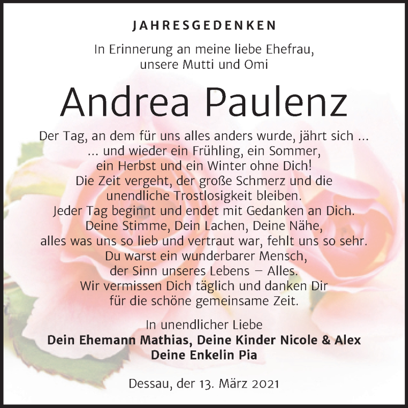  Traueranzeige für Andrea Paulenz vom 13.03.2021 aus Mitteldeutsche Zeitung Dessau-Roßlau
