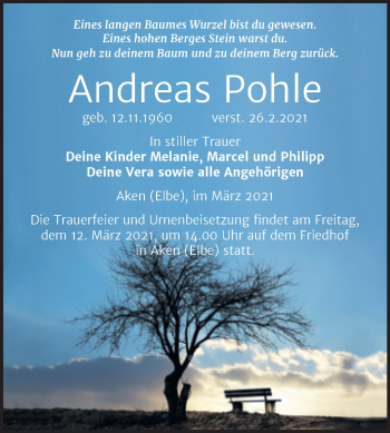 Traueranzeige von Andreas Pohle von Mitteldeutsche Zeitung Köthen