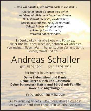Traueranzeige von Andreas Schaller von Mitteldeutsche Zeitung Merseburg/Querfurt