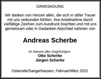 Traueranzeige von Andreas Scherbe von Mitteldeutsche Zeitung Sangerhausen