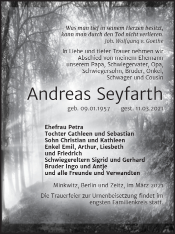 Traueranzeige von Andreas Seyfarth von Mitteldeutsche Zeitung Zeitz
