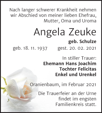 Traueranzeige von Angela Zeuke von Mitteldeutsche Zeitung Wittenberg