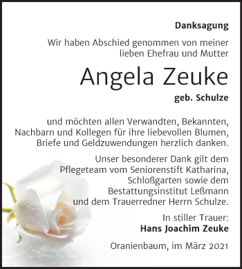 Traueranzeige von Angela Zeuke von Mitteldeutsche Zeitung Wittenberg