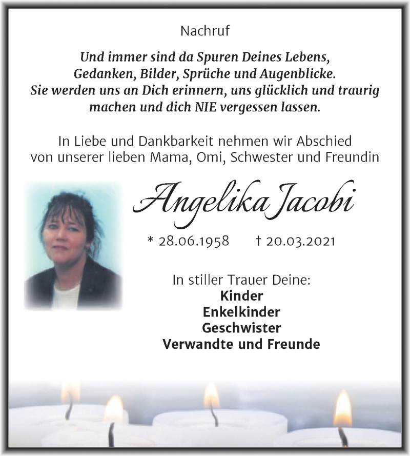  Traueranzeige für Angelika Jacobi vom 27.03.2021 aus Mitteldeutsche Zeitung Dessau-Roßlau
