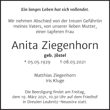 Traueranzeige von Anita Ziegenhorn von Mitteldeutsche Zeitung Halle/Saalkreis