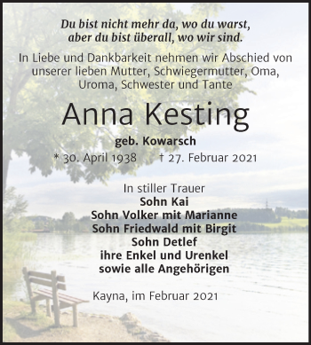 Traueranzeige von Anna Kesting von Mitteldeutsche Zeitung Zeitz