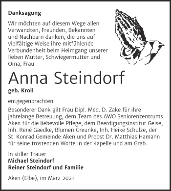 Traueranzeige von Anna Steindorf von Mitteldeutsche Zeitung Köthen