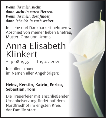 Traueranzeige von Anna Elisabeth Klinkert von Mitteldeutsche Zeitung Halle/Saalkreis