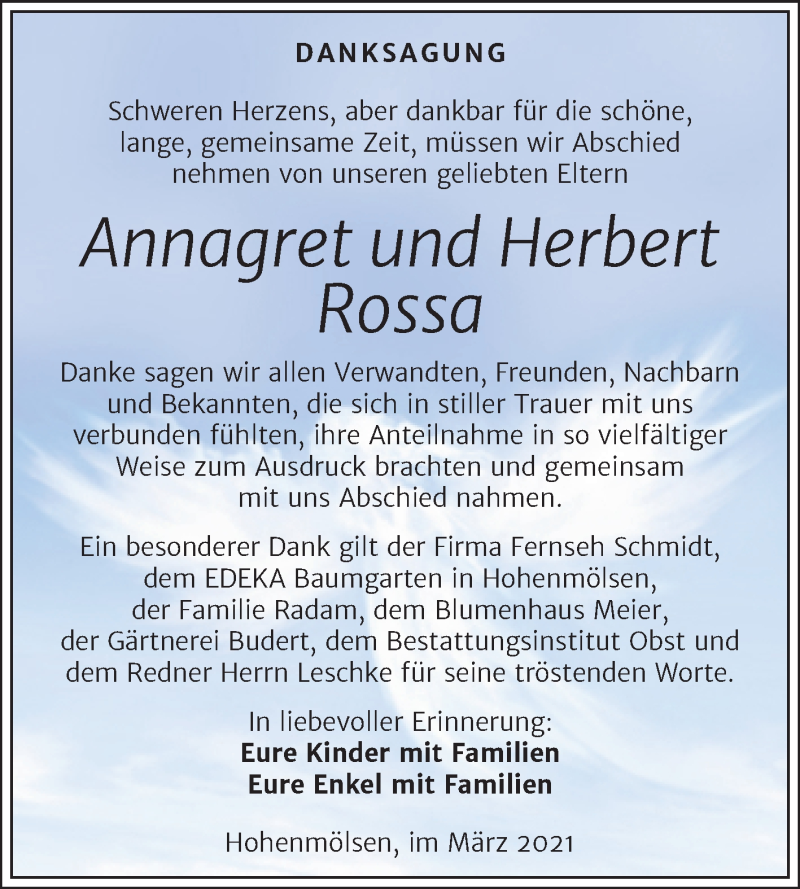  Traueranzeige für Annagret und Herbert Rossa vom 27.03.2021 aus Mitteldeutsche Zeitung Weißenfels