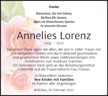 Traueranzeige von Annelies Lorenz von Mitteldeutsche Zeitung Zeitz