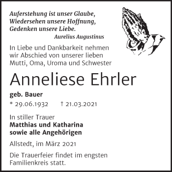 Traueranzeige von Anneliese Ehrler von Mitteldeutsche Zeitung Mansfelder Land