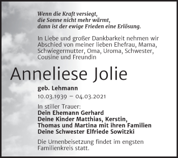 Traueranzeige von Anneliese Jolie von Mitteldeutsche Zeitung Halle/Saalkreis