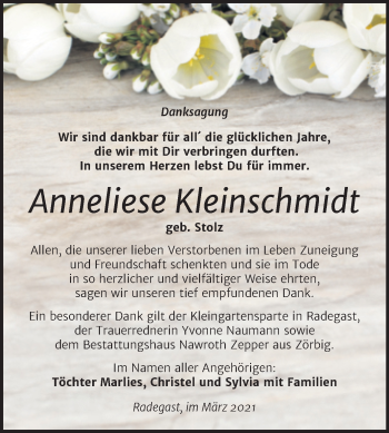 Traueranzeige von Anneliese Kleinschmidt von Mitteldeutsche Zeitung Köthen