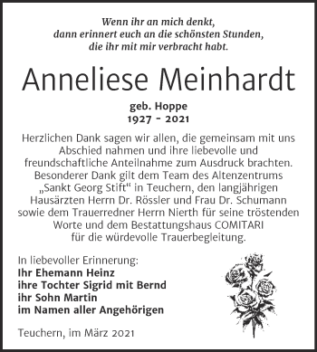 Traueranzeige von Anneliese Meinhardt von Mitteldeutsche Zeitung Weißenfels