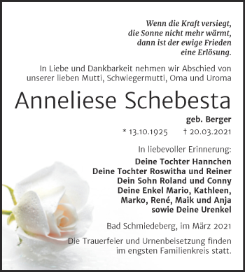Traueranzeige von Anneliese Schebesta von Mitteldeutsche Zeitung Wittenberg