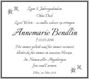 Traueranzeige von Annemarie Bendlin von Mitteldeutsche Zeitung Mansfelder Land
