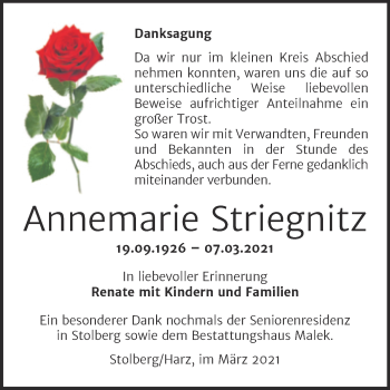Traueranzeige von Annemarie Striegnitz von Mitteldeutsche Zeitung Sangerhausen