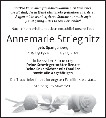 Traueranzeige von Annemarie Striegnitz von Mitteldeutsche Zeitung Sangerhausen