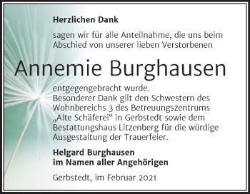 Traueranzeige von Annemie Burghausen von Mitteldeutsche Zeitung Mansfelder Land