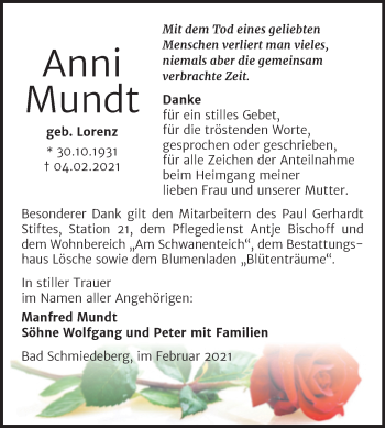 Traueranzeige von Anni Mundt von Mitteldeutsche Zeitung Wittenberg