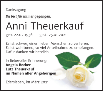 Traueranzeige von Anni Theuerkauf von Mitteldeutsche Zeitung Sangerhausen