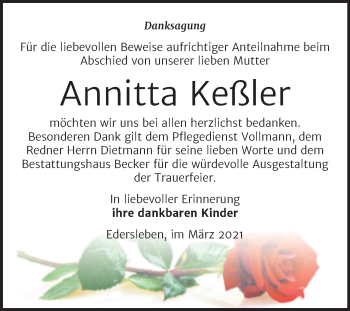 Traueranzeige von Annitta Keßler von Mitteldeutsche Zeitung Sangerhausen