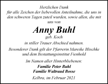 Traueranzeige von Anny Buhl von Mitteldeutsche Zeitung Sangerhausen