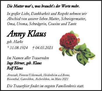 Traueranzeige von Anny Klaus von Mitteldeutsche Zeitung Aschersleben